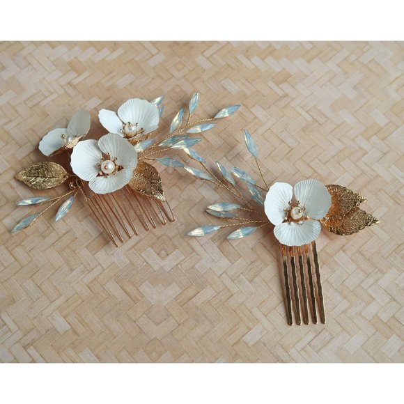 Blue Opal + Pearl Floral Gold Wedding Hair Comb, Bridal Hair Pin, Wedding Hair